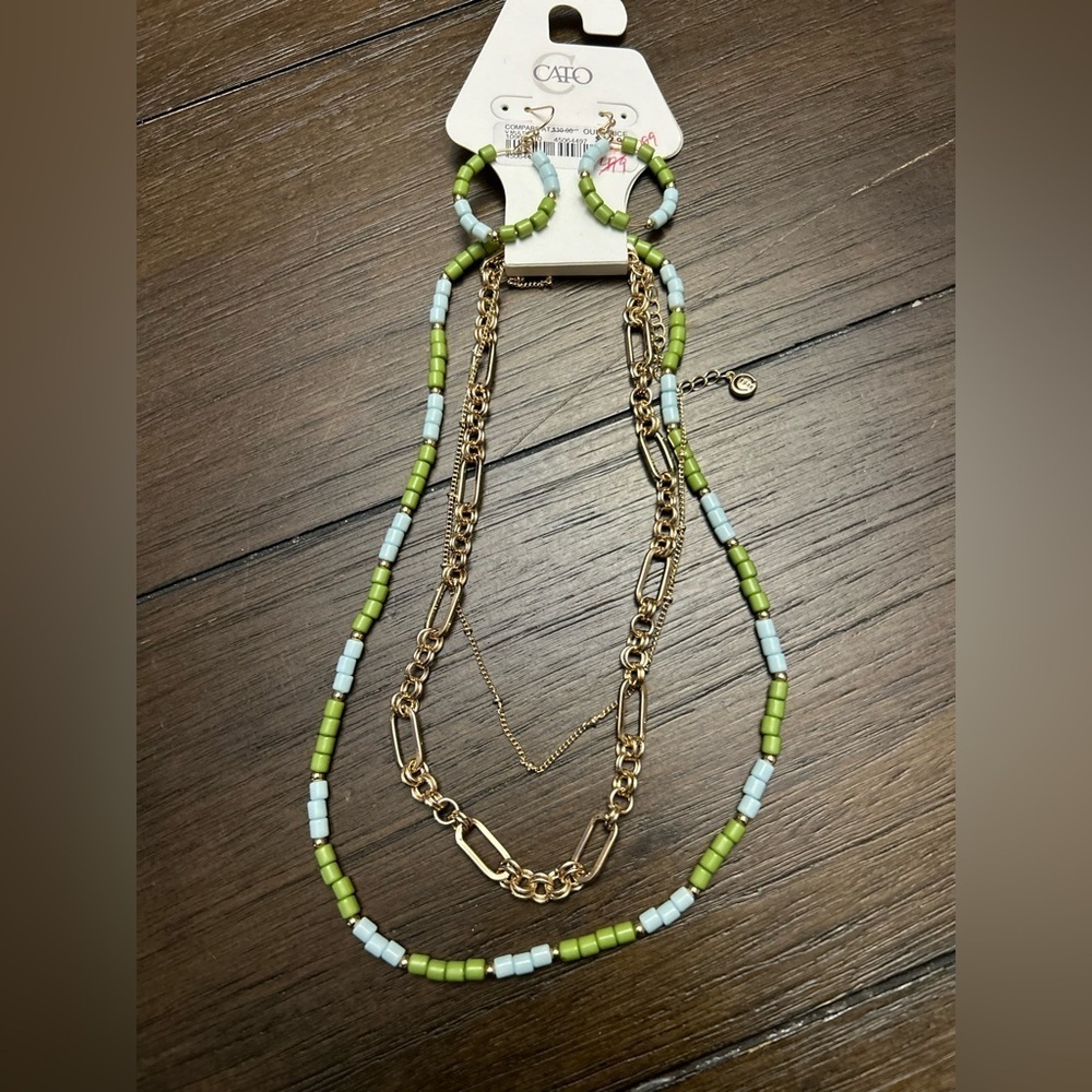 Cato Gold and Green Layered Necklace Set